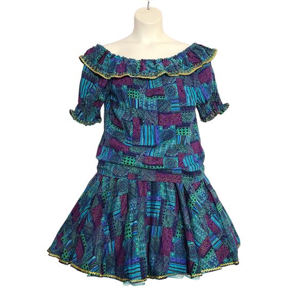 Vintage Square Dance Outfit Lot Medium Blue Floral Off Shoulder - Picture 3 of 12